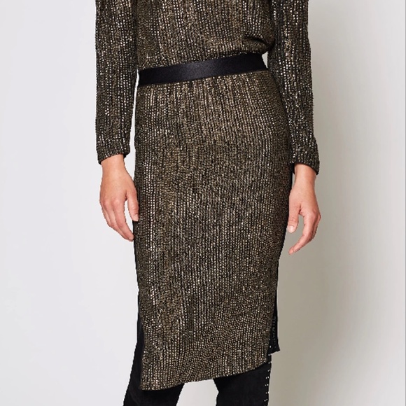 Joie Malloren Gunmetal Pyramid Stud sequined Midi Skirt side slit & zip. New - Picture 3 of 9